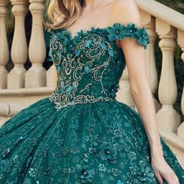 Robe mexicaine De 15 Anos vert émeraude robes De Quinceanera dentelle Appliques perles De fleurs Corset doux 16 robe Abiti Da Cerimonia