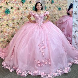 Mexicaanse Vestido De 15 Anos Roze Sweetheart Charro Quinceanera Jurken Kant Applicaties Bloem Kralen Corset Sweet 16 Jurk Abiti Da Cerimonia