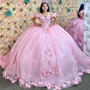 Robe mexicaine De 15 Anos rose chérie Charro Quinceanera robes dentelle Appliques perles de fleurs Corset doux 16 robe Abiti Da Cerimonia