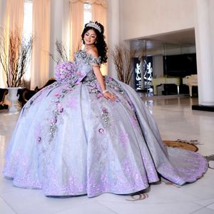 Mexique 2024 Lavande Brillant Quinceanera Robes Chérie Perles Applique Dentelle Fleur Volants Robe De Bal Doux 16 Robes Robes