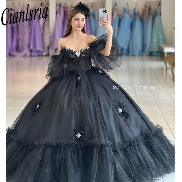 México negro fuera del hombro Vestido De baile vestidos De quinceañera niñas cumpleaños graduación dulce 16 Vestido De 15 Anos Robe De