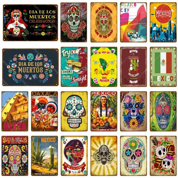 Ciudad de México Carteles de chapa de metal Cultura mexicana Calavera de azúcar Cartel de metal Pegatinas de pared Placa de pintura de arte vintage para Pub Bar Club Decoración para el hogar 30X20cm Woo