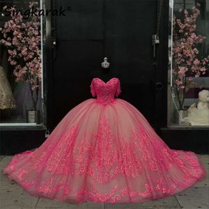 Mexico fuchsia sweetheart jurk quinceanera -jurk voor 16e meisjes bal kralen kanten appliques 15e verjaardag feestjurken