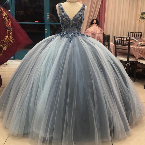 México gris azul con cuello en V vestido de baile vestido para quinceañeras para niñas flor con cuentas de cristal vestidos de fiesta de cumpleaños dulce 16 vestidos de 15