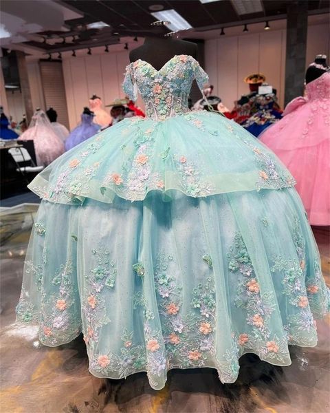 Mexique vert hors de l'épaule robe quinceanera robe pour filles appliques perlées robes de fête d'anniversaire