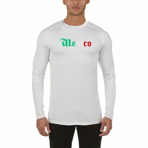Mexique Lettre Imprimé Imprimer T-shirt de course Hommes Sport Tight Lg Manches Fitn Chemise Gym Bodybuilding Séchage rapide Vêtements élastiques H8LS #