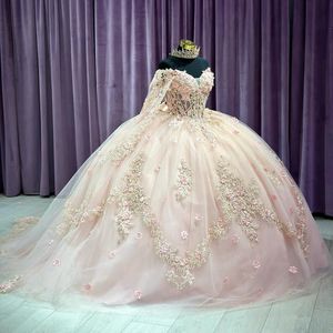 Mexique rose robe de bal robe de Quinceanera pour fille perlée fleurs 3D appliques avec Cape robes de fête d'anniversaire robes de bal doux 16