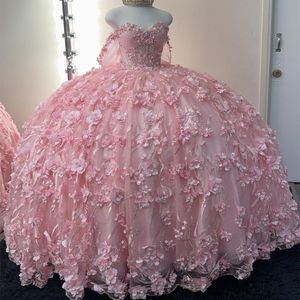 Robe de bal rose du mexique, épaules dénudées, robe de Quinceanera pour filles, perlée, fleurs 3d, robes de fête d'anniversaire, robes de bal, douce 16