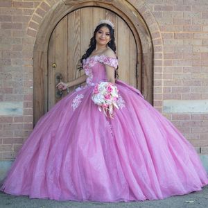 Mexico Roze Glanzend Quinceanera Jurken Sweetheart Kralen Applicaties Kant Bloem Uit de Schouder Sweet 16 Vestidos De 15 Anos