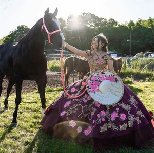 Mexico Quinceanera-jurken Schouderafhangend Satijn Baljurk Goud Kant Applicaties Borduurwerk Bloemen Sweet 15-jurk voor meisjes Druif Charro Galafeest Speciale gelegenheden