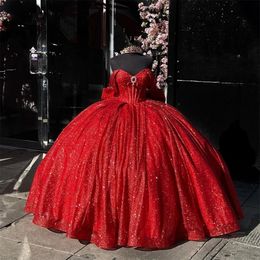 Robe De Bal rouge du mexique, épaules dénudées, Robe De Quinceanera pour filles, robes De fête d'anniversaire en cristal perlé, avec nœud