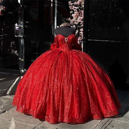 Vestido De fiesta rojo con hombros descubiertos De México, vestido para quinceañeras para niñas, vestidos De fiesta De cumpleaños con cuentas De cristal, bata con lazo De Bal