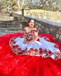 Mexique rouge hors de l'épaule robe de bal robe de Quinceanera pour les filles Appliques robes de fête d'anniversaire volants robes de bal à plusieurs niveaux 322