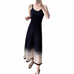 Mexzt élégant rayé Midi Dr femmes maille Patchwork une pièce Dres coréen Spaghetti sangle mince une ligne robes printemps nouveau c5cf #