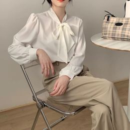 MEXZT Camisas sólidas de primavera para mujer, blusas elegantes de gasa simples con lazo de manga larga, blusas informales de moda coreana para mujer para oficina, blusas que combinan con todo 240313