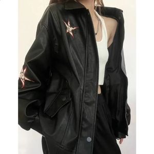 MEXZT Streetwear vestes en cuir Pu femmes surdimensionné manteau de broderie Harajuku Vintage col rabattu vêtements d'extérieur décontractés en vrac hauts 240130