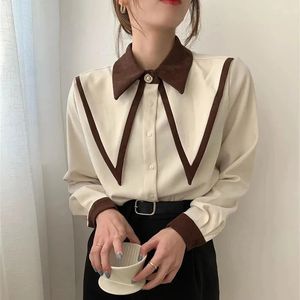 MEXZT Vintage Elegant Shirt Mariffon Patchwork Ruffle Rud Down Collar Long Sleeve Blouse Office Office Lady Loose Tops 231227