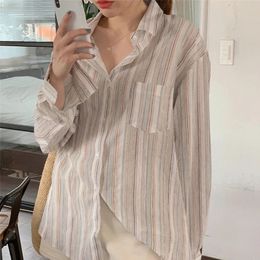 MEXZT Vintage rayé chemises femmes mode coréenne Simple à manches longues col rabattu Blouse bureau dame décontracté ample couverture fine 240227