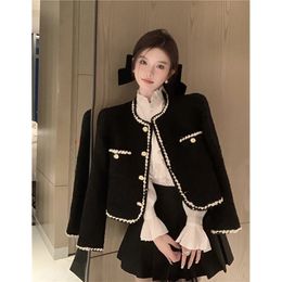 MEXZT Vintage Tweed vestes femmes élégant noir recadrée costume manteau coréen épaissir Blazer simple boutonnage court hauts d'extérieur 240201