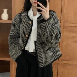 MEXZT Vintage Tweed vestes femmes rayé recadrée manteau coréen élégant simple boutonnage ample décontracté Chic court vêtements d'extérieur hauts 240130