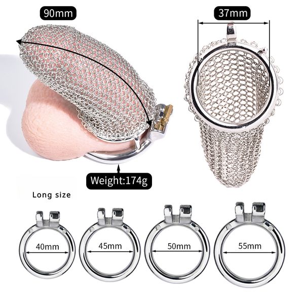 MFMYEE SM Cage à pénis en acier inoxydable Cage à pénis en maille avec 4 anneaux péniens Ensemble de dispositifs de chasteté masculins Ensemble de dispositifs de chasteté masculins BDSM Retenue Pénis Ceinture de chasteté Verrouillage Cage à coq (taille longue)