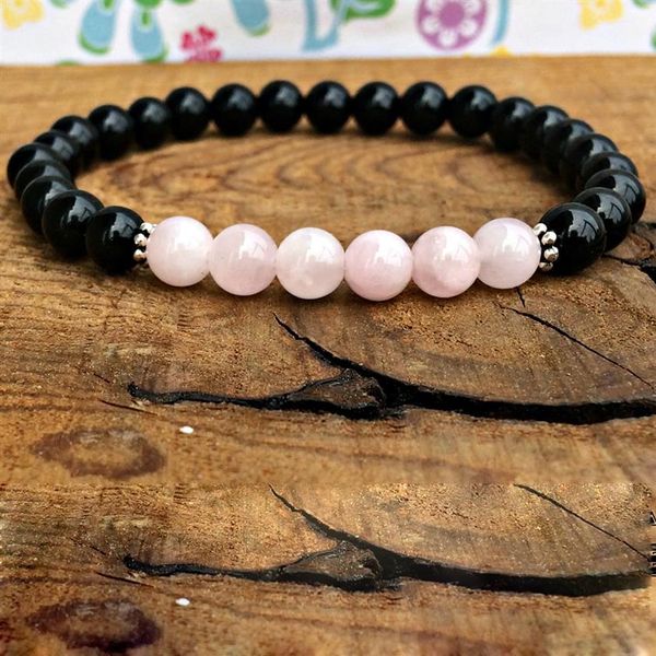 MG0303 Pulsera de mujer de cuarzo rosa de ónix negro, pulsera de energía para mujer, cristales de chakra de equilibrio, pulsera de piedras preciosas 280E