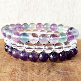 MG0358 Nouveau Design Couronne Chakra Pile Bracelet Ensemble Naturel Fluorite Améthyste Quartz Clair Bracelet Coeur Chakra Cristaux Bracelet281z