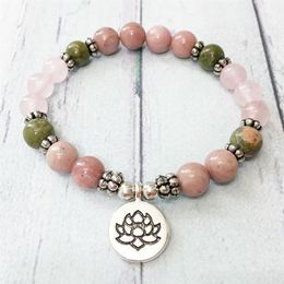 MG0510 Bracelet Lotus Quartz Rose 8 mm Bracelet de Protection énergétique Unakite naturel Bracelet de Yoga équilibre Rhodonite pour femmes201o