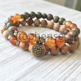 MG0638 Carneool Vrouwen`s Mala Yoga Armband Set Natural Unakite Picture JAPSER Armband Lotus Charm Buddish Yoga Mala Armband