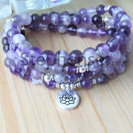 MG0674 Bracelet Mala 108 en améthyste de rêve de qualité A pour femmes, 4 enveloppes de perles d'énergie en cristal violet, pierre précieuse naturelle, breloque Lotus B245c
