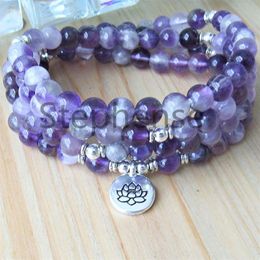 MG0674 Bracelet Mala 108 en améthyste de rêve de qualité A pour femmes, 4 enveloppes de perles d'énergie en cristal violet, pierre précieuse naturelle, breloque Lotus B2189