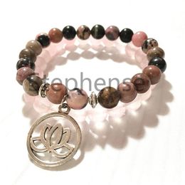 MG0709 Bracelet à veines noires Rhodonite fleur de Lotus ensemble 8 mm Bracelet énergétique en Quartz Rose naturel nouveau Design Yoga Mala Bracel225h pour femmes