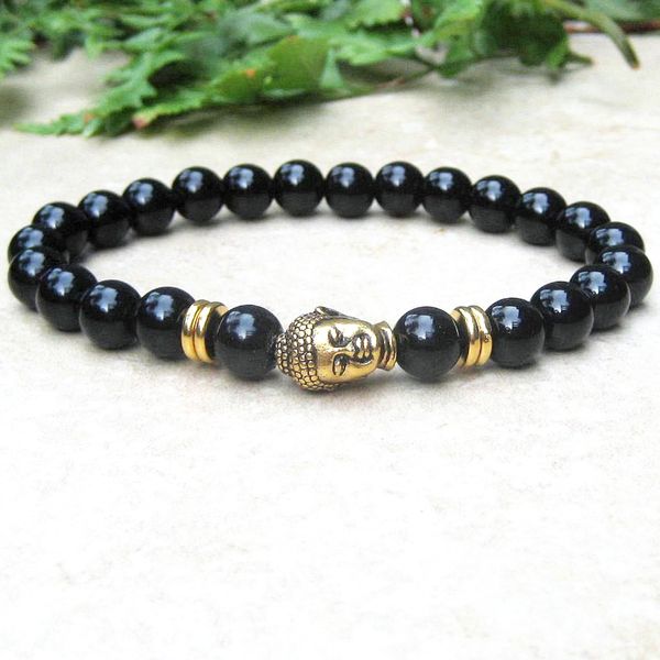 MG0721 8 mm Black Agate Bouddha Head Bracelet Bracelet Black Onyx Guérison du yoga Bracelet pour hommes