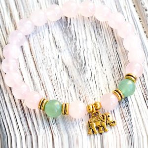 MG0748 8 mm Rose Quarz Elephant Charm Bracelet Green Aventurine Energy Bracelet Pulsera de mujer hecha a mano Mala Yoga