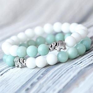 MG0753 8 mm A Grade Amazonite Bracelet Set Elephant Charm Pols Mala Bracelet 8 mm Witte Shell Beads Yoga Bracelet Set268i