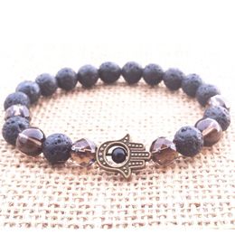 MG0759 Hamsa Lava Stone Smoky Quartz Bracelet Main de Fatima Bracelet Guérison Spirituelle Racine Chakra Poignet Mala Yoga Jewelry289W