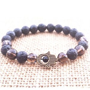 MG0759 Hamsa Lavasteen Rookkwarts Armband Fatima's Hand Armband Spirituele Genezing Wortelchakra Pols Mala Yoga Jewelry316y