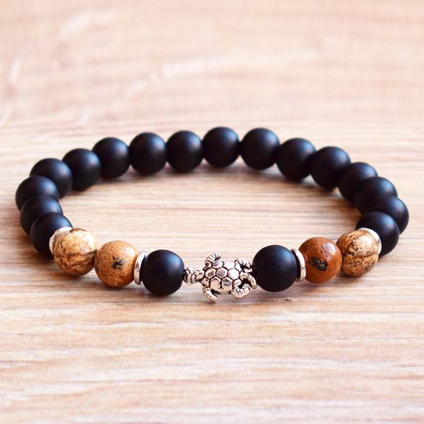 MG0785 nouveau Design Bracelet à breloques tortue image naturelle Jaspers Bracelet mat noir Onyx perlé poignet Mala Bracelet