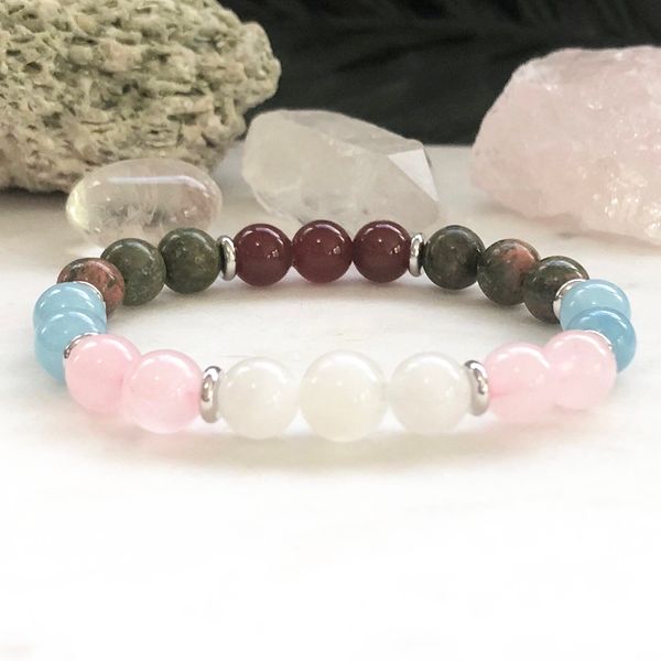 MG0887 Bracelet aigue-marine 8 MM pour femme mélange de cristaux Bracelet pierre de lune Unakite Rose Quzrtz Bracelet pierre porte-bonheur