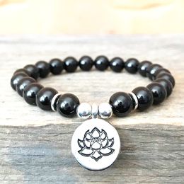 MG0906 A Grade Black Tourmaline Beaded Yoga Armband Trendy Yoga Armband Voor Womens Lotus Charm Meditation Mala Armband