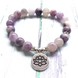 MG0984 8 MM pulsera lila para mujer piedras preciosas naturales Lotus Yoga Mala pulsera de moda meditación protección de energía pulsera 268E