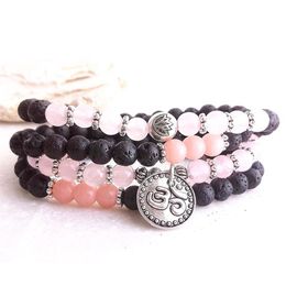 Bracelet en pierre de lave et Quartz Rose pour femmes, Design tendance, 6mm, opale Rose, 108 Mala Ohm, breloque, MG0987, 2716