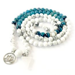 MG0992 Nouveau Design Bouddhiste Mala Bracelet Méditation Yoga 108 Mala Lotus Charme Bracelet 6 mm Howlite Apatite Gemstone Bijoux