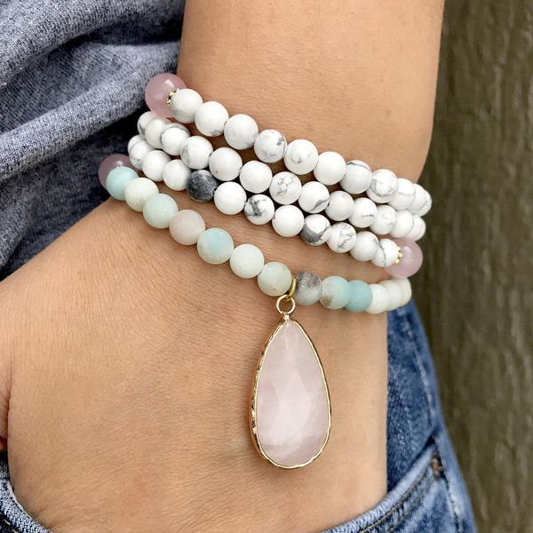 MG0994 Nouvelle Arrivée Conception HOWLITE et Amazonite Bracelet Naturel 6 MM Rhodonite 108 Mala Yoga Bijoux Femmes Quartz Rose Pendentif Bracelet