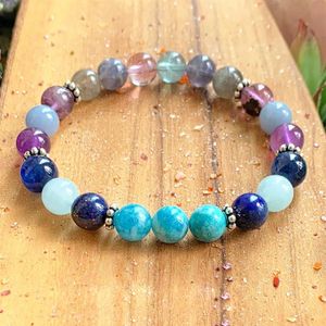 MG1003 Genuino Blue Apatite Chakra Bracelet Rainbow Fluorita Mala Pulsera Aqua Aqua Marina Lapis la Lázuli Pro braver279s