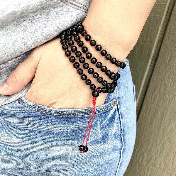MG1037 6 mm Bracelet Femme Tourmaline Noire Réglable Noué À La Main 108 Perles Mala Yoga Cadeau pour Son Bracelet Mala