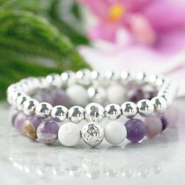 MG1084 Ensemble de bracelets Mala avec perles de cristal violet, diffuseur d'huiles essentielles, bracelet énergétique en pierre de lave blanche, meilleur cadeau avec pierre de naissance de février