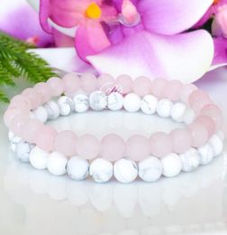 MG1097 Ensemble de bracelets de soulagement de l'anxiété, cristal Rose mat, Howlite blanc, cristaux de guérison, Bracelets empilables Mala pour femmes5779025