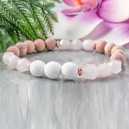 MG1100 Bracelet en pierre de lave à quartz rose taillé Bracelet en perles de bois de rose naturel Diffuseur d'huiles essentielles Bracelet énergétique Aromathérapie Guérison