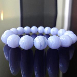 MG1130 Bracelet de perles de calcédoine d'agate de dentelle bleue véritable de haute qualité de 12 MM pour hommes ou femmes cadeau pour Him260t